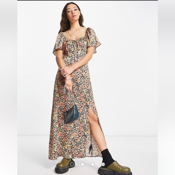 Topshop Satin Floral Sweetheart Midi Dress Black Multi US 10 - Picture 1 of 11